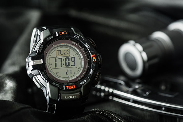 black and red digital watch displayed